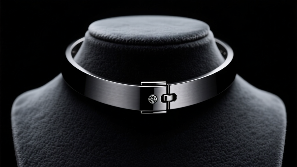 Matte black titanium locking collar necklace with a discreet dimple lock, displayed on a dark velvet bust in moody studio lighting