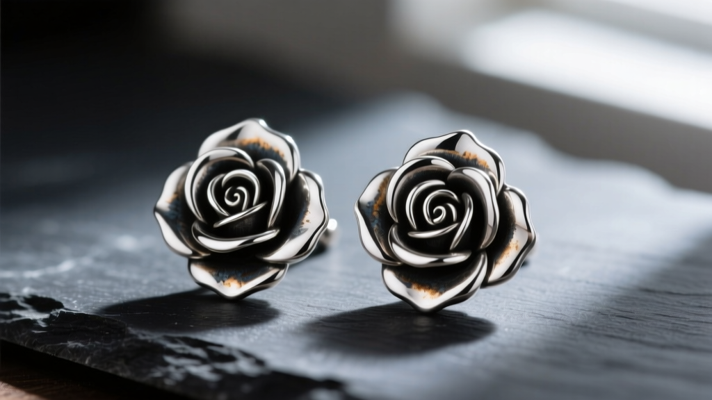 James Avery sterling silver rose stud earrings on dark slate, showing oxidized petal crevices and highly polished outer edges