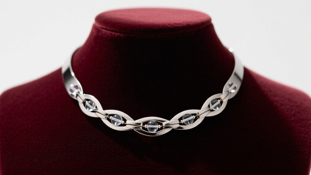 Weighted stainless steel sensory necklace with glass bead inserts on a velvet bust, showing ergonomic collarbone draping and fit