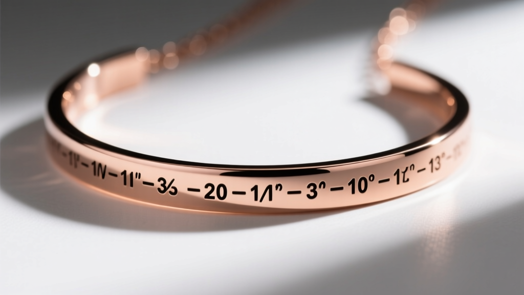 Macro shot of a laser-engraved coordinate curved bar necklace, showing dark font grooves against a polished rose gold background.