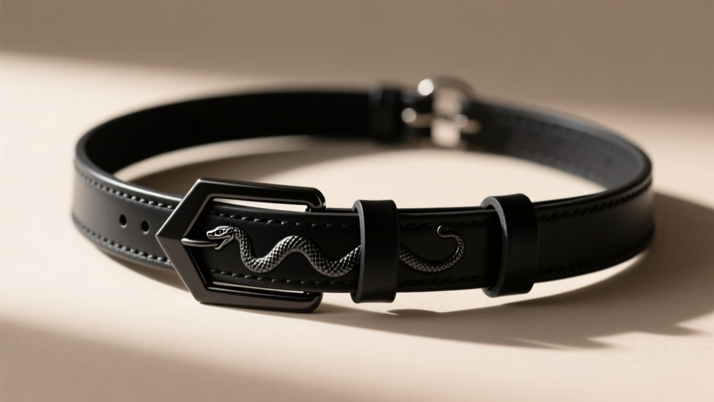 Side-profile view of a sleek matte black quick-release cobra buckle integrated into a minimalist gothic fetish choker necklace.