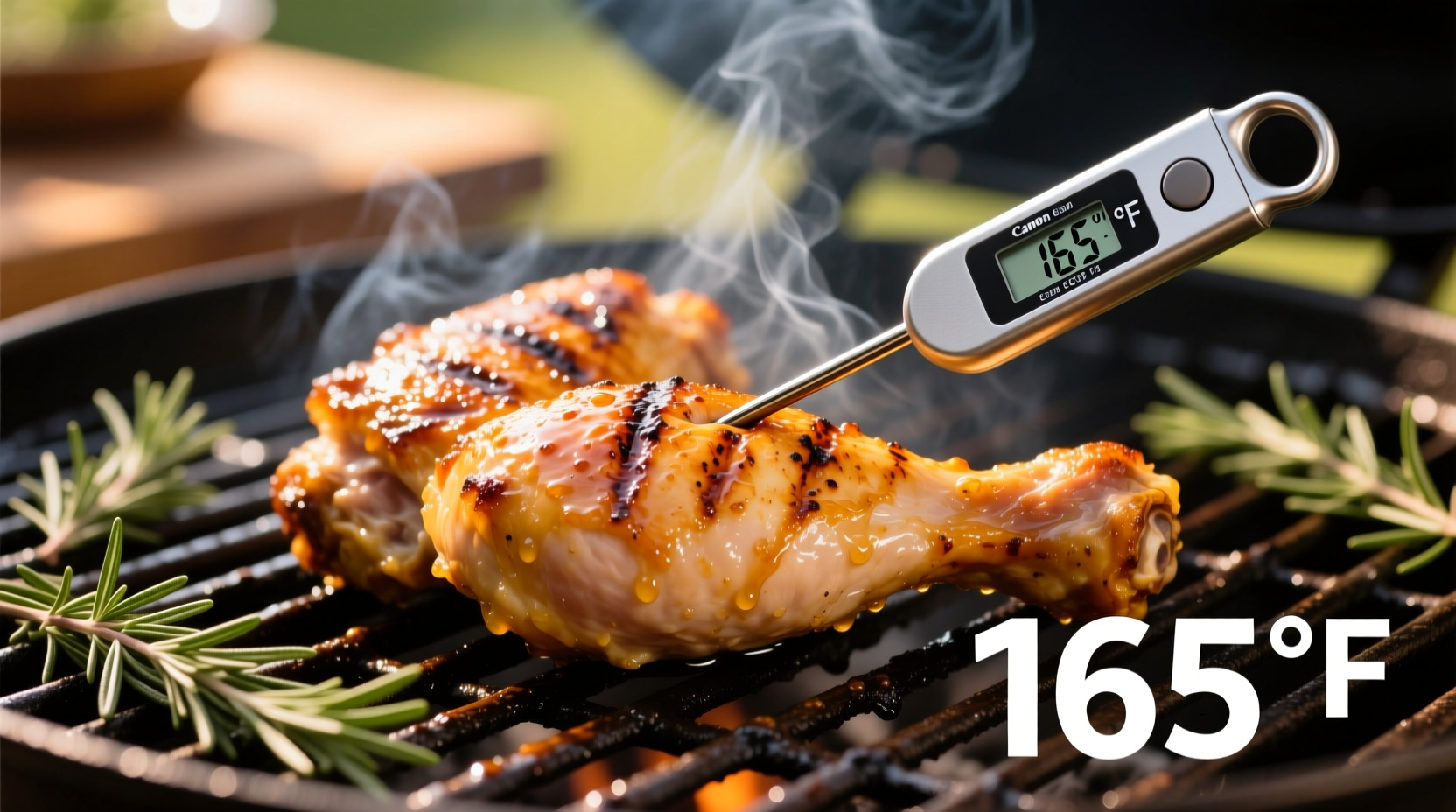 Perfectly cooked chicken thighs on grill with thermometer