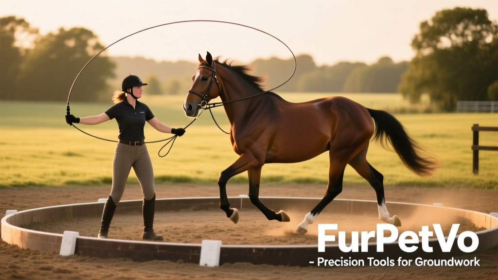 FurPetVo lunge whip in use during groundwork session, with trainer standing at center of circle and horse moving confidently around her
