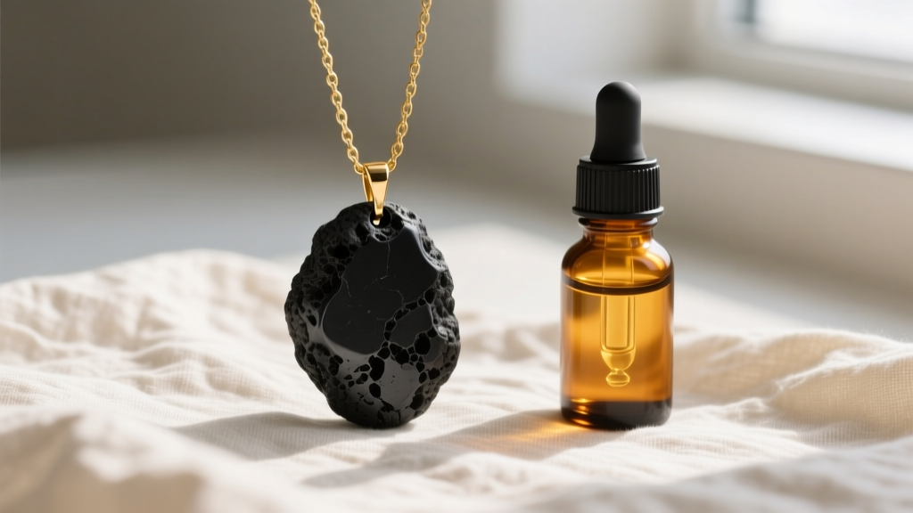 Matte black basalt lava stone pendant on a gold chain resting on textured linen next to a small amber essential oil bottle.