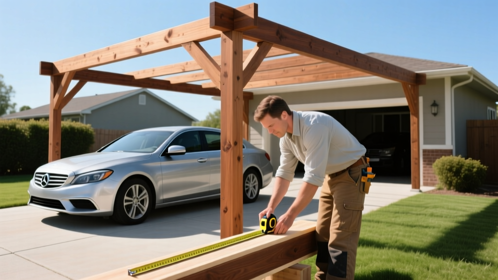 Homeowner measuring pressure-treated lumber for a freestanding wooden carport frame next to a parked sedan in a driveway