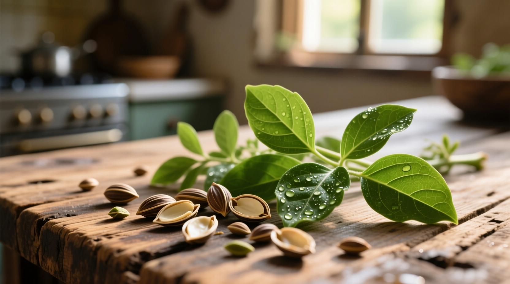 Fenugreek seeds and fresh leaves on wooden table