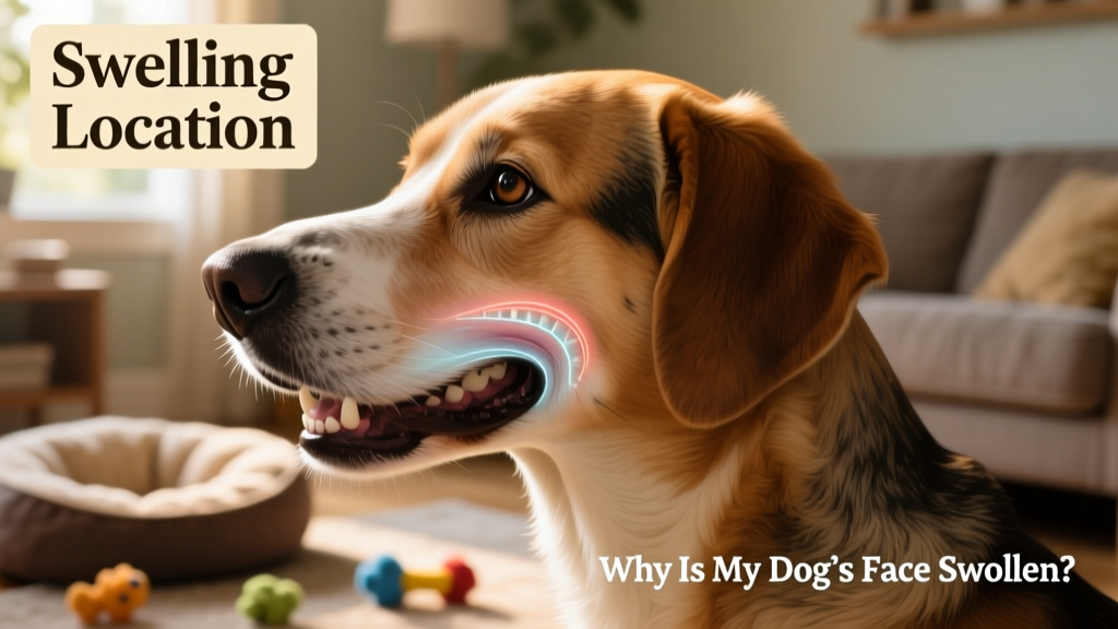 Side-view illustration of a dog’s head highlighting common locations of dental-related swelling, such as below the eye or along the cheek