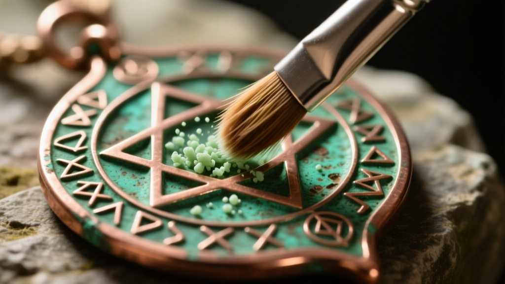 Close-up of a soft-bristled brush gently removing pale green bronze disease from a copper-tin alloy fantasy amulet surface.