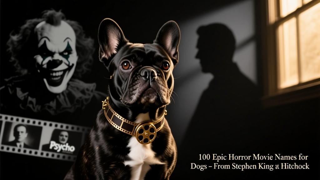 A stylish, confident dog wearing a tiny vintage film reel collar, standing against a dark backdrop with subtle horror-themed shadows