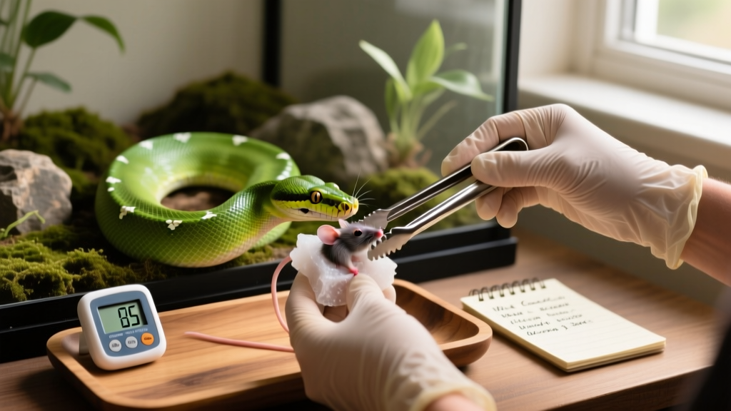 Close-up of hands gently placing a thawed frozen mouse into a snake's enclosure using tongs, with thermometer and hygrometer visible nearby
