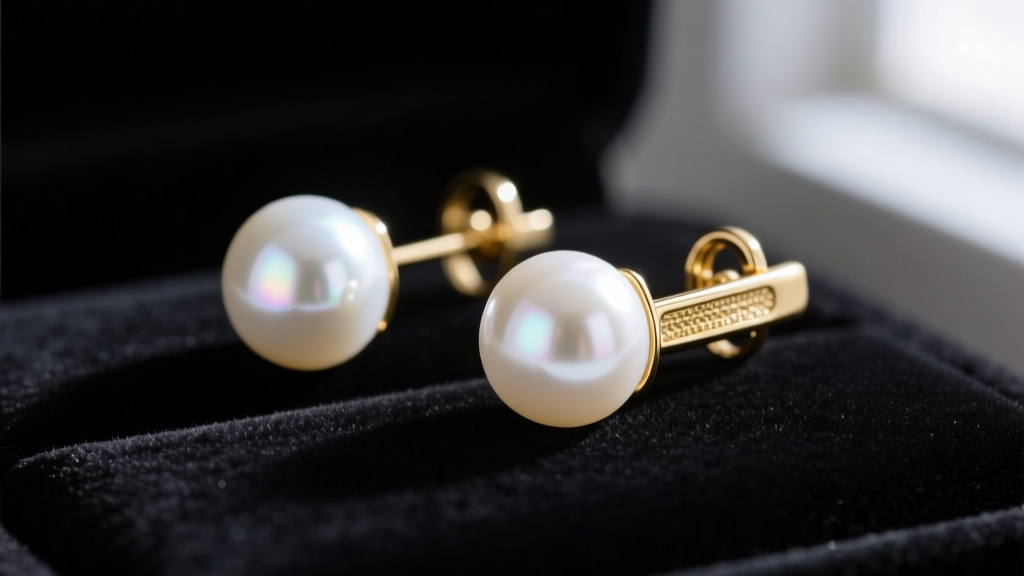 Close-up of white Akoya pearl clip earrings on dark velvet, highlighting the gold paddle clasp and brilliant surface luster.