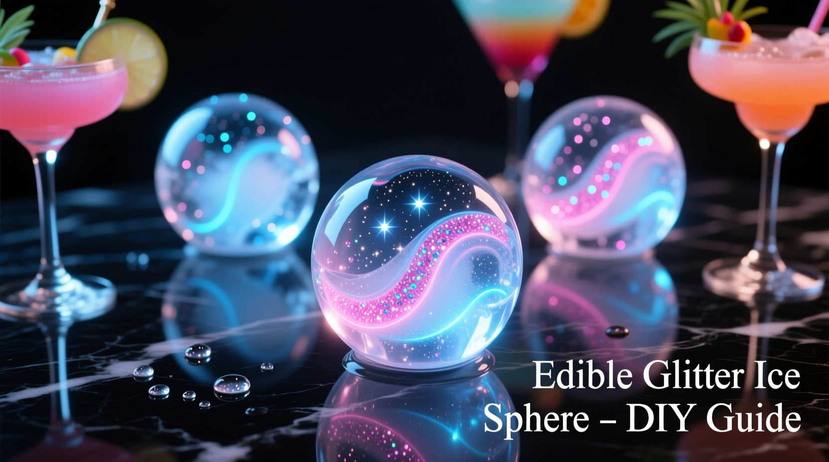 how to make glowing ice spheres for party cocktails using edible glitter