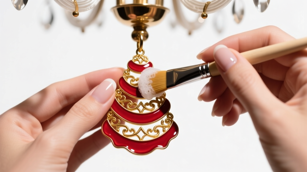 Hands using a soft brush and soapy water to gently clean the crevices of a multi-tiered red enamel and gold chandelier earring.