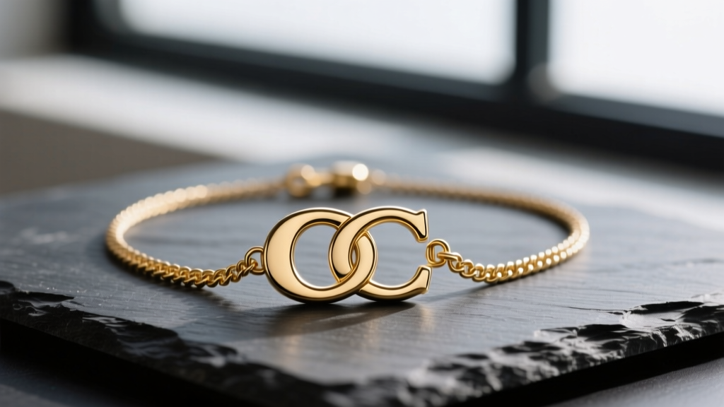 Close-up of a gold-plated Coach C pendant necklace on dark slate, highlighting the interlocking logo and delicate cable chain under soft lighting.