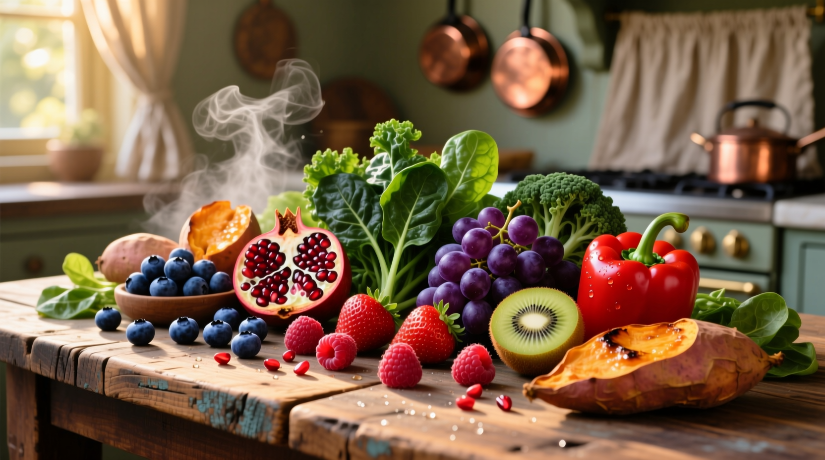 Colorful assortment of antioxidant-rich foods on wooden table