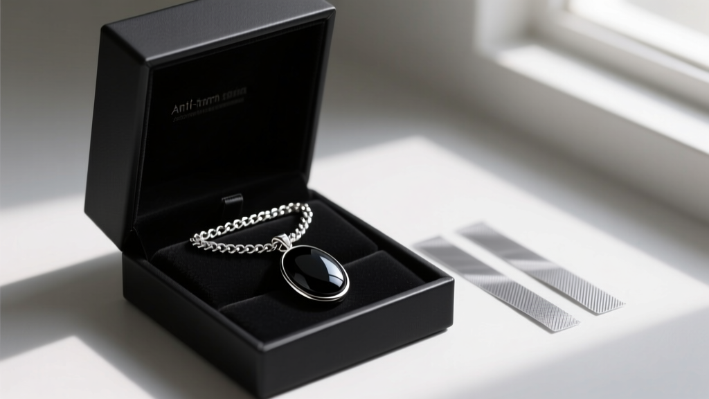 Open matte black jewelry box revealing a coiled black rhodium chain and onyx pendant, stored next to anti-tarnish strips.