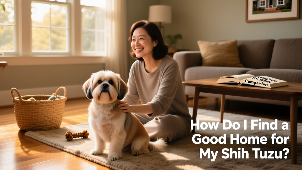 A calm, well-groomed Shih Tzu sitting beside a smiling adult on a sunlit living room floor