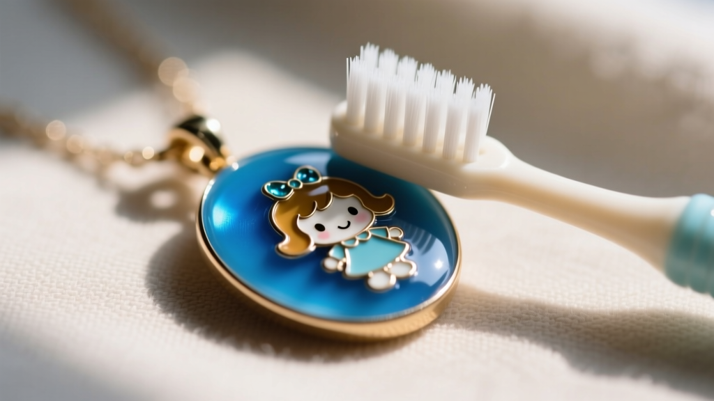 Macro shot of a soft baby toothbrush gently cleaning the blue cold enamel bonnet of a vintage Holly Hobbie jewelry pendant piece.