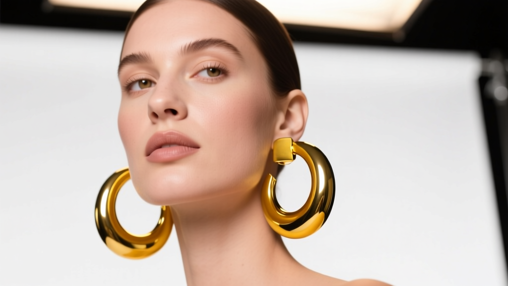 Studio portrait of a model wearing 60mm yellow gold oversized hoop earrings, soft lighting highlighting the polished metal curve