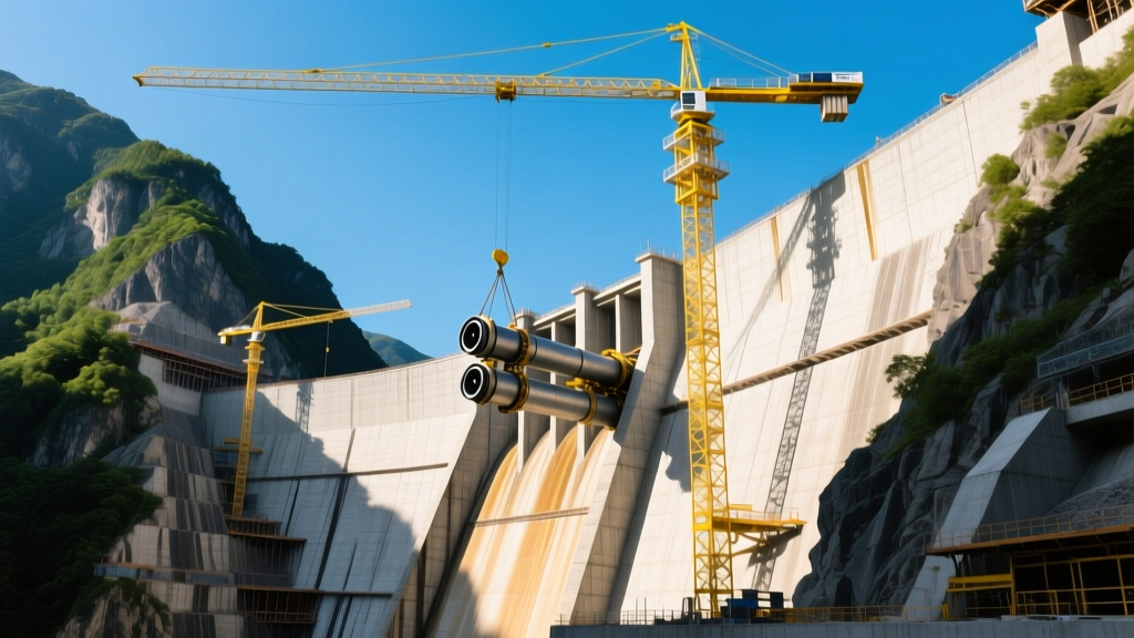 Massive roller-compacted concrete gravity dam under construction with yellow tower cranes lifting steel penstocks against a steep mountain gorge