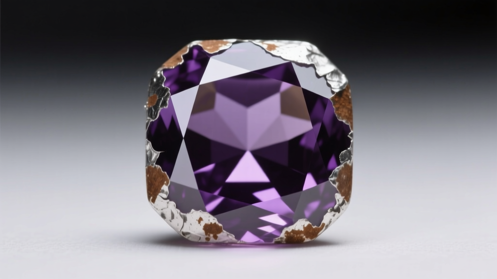 Macro shot of oxidized silver foil backing visible through pavilion facets of an antique cushion-cut amethyst gem in dim lighting.