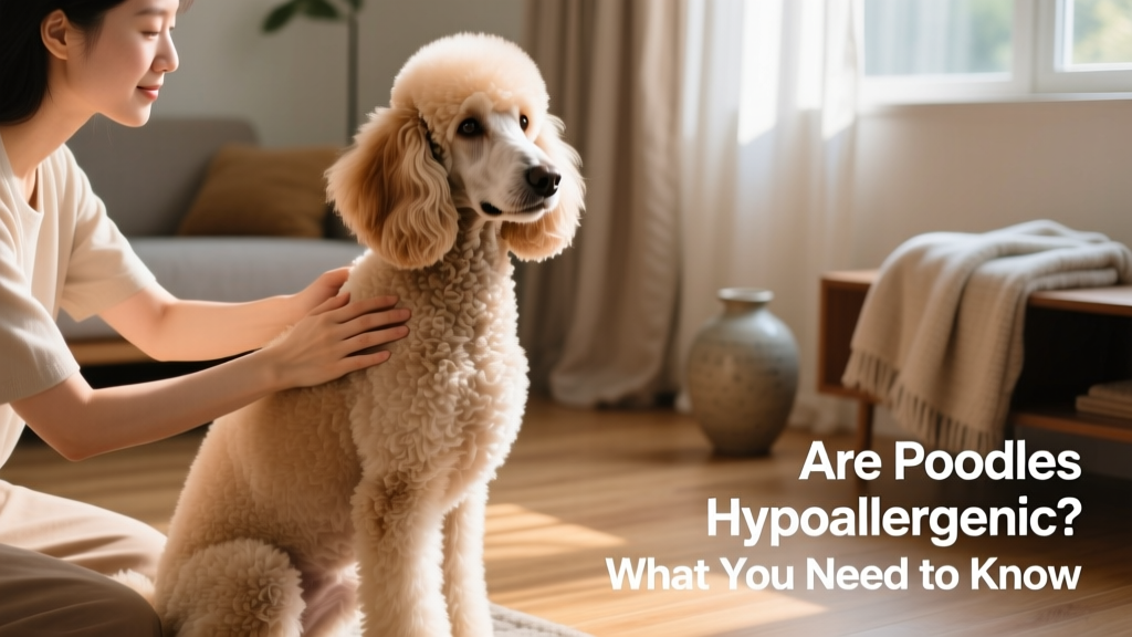 A well-groomed standard poodle sitting calmly beside a person with gentle hands resting on its back
