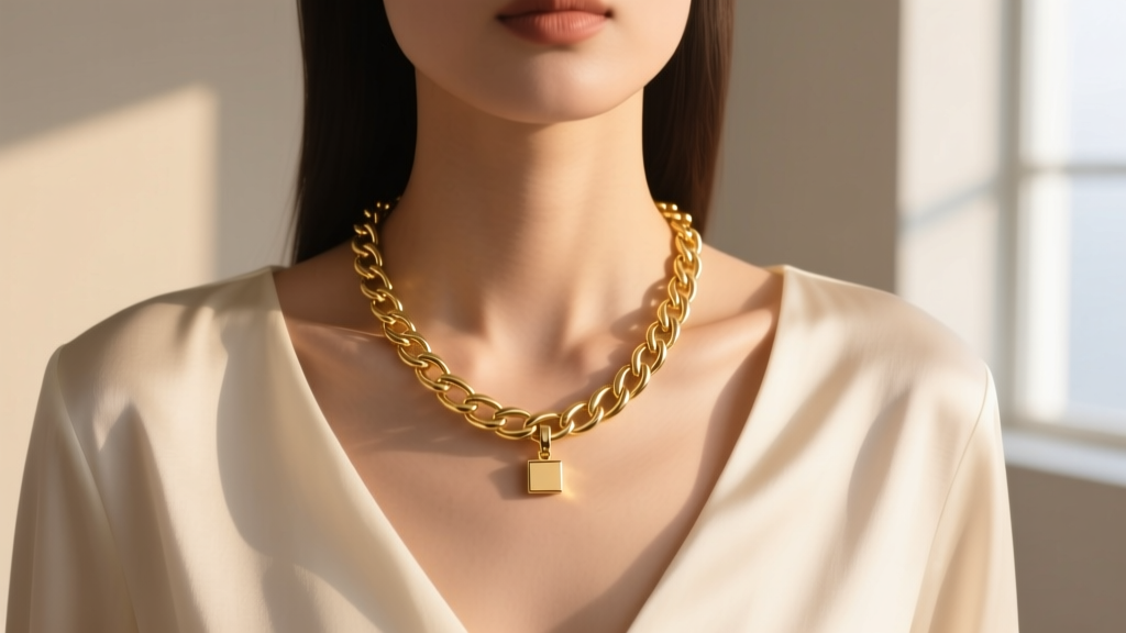 A 50 cm gold figaro chain on a model, showing the pendant bail resting at the base of the collarbone in warm natural sunlight.