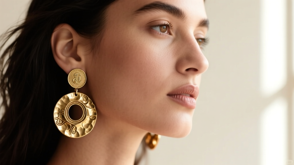 Hammered brass rai earrings with a sculptural coin motif on a model, soft window light highlighting the rich textured metal
