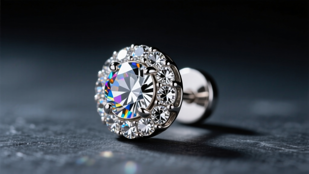 Macro shot of authentic rhodium-plated Vivienne Westwood Mini Orb earring showing precise crystal setting on dark slate.
