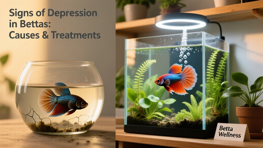 Side-by-side comparison: a stressed betta hiding in a barren bowl vs. a thriving betta swimming among live plants in a filtered, heated 5-gallon tank