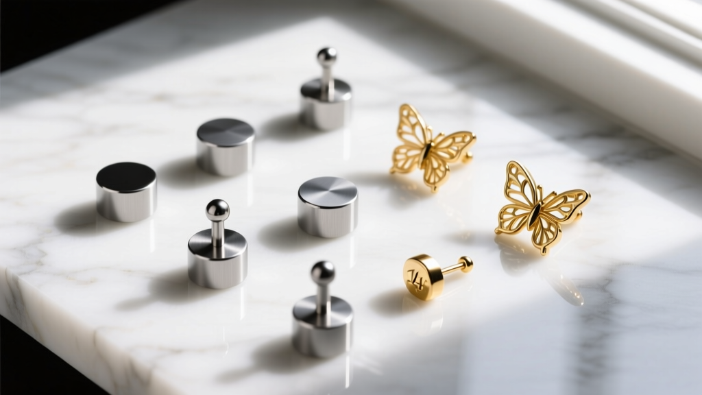Top-down view of titanium flat-back labrets and 14k gold butterfly studs arranged neatly on a polished white Carrara marble surface