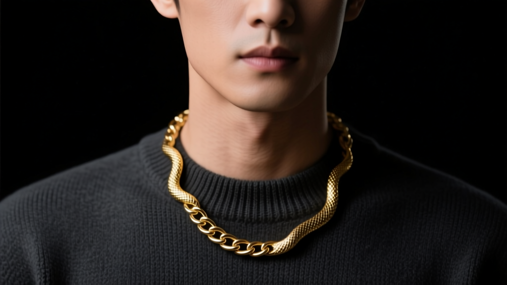 Close-up of a man wearing a 4mm gold snake chain necklace over a dark charcoal crewneck sweater, moody studio lighting