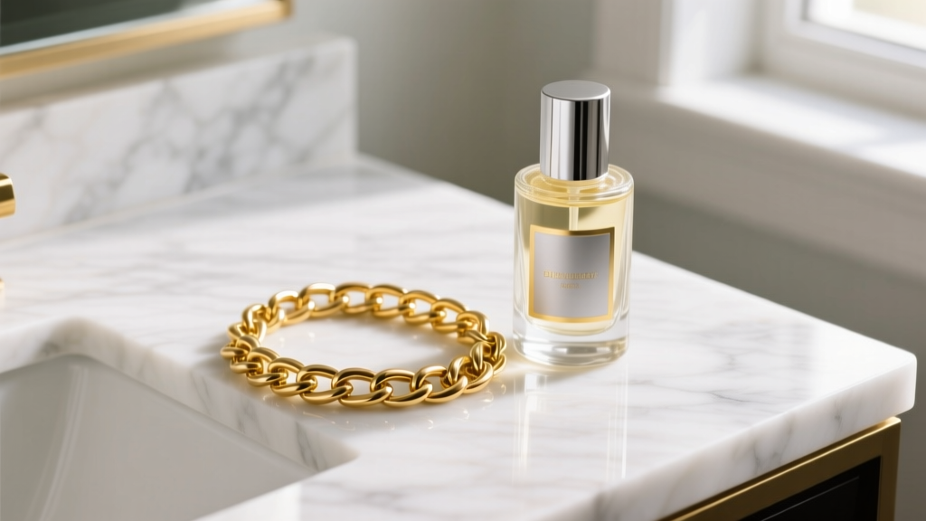 Close-up of a 14k yellow gold chain resting beside a bottle of silver and gold jewelry cleaner on a white marble vanity surface