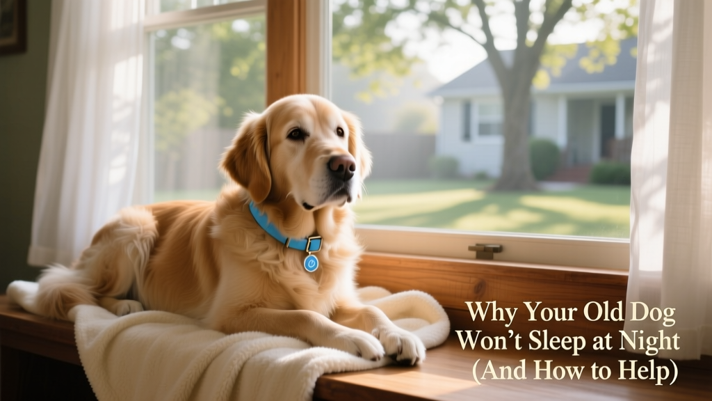 Close-up of a senior dog wearing a soft blue calming pheromone collar, resting peacefully on a cozy blanket near a window with soft natural light