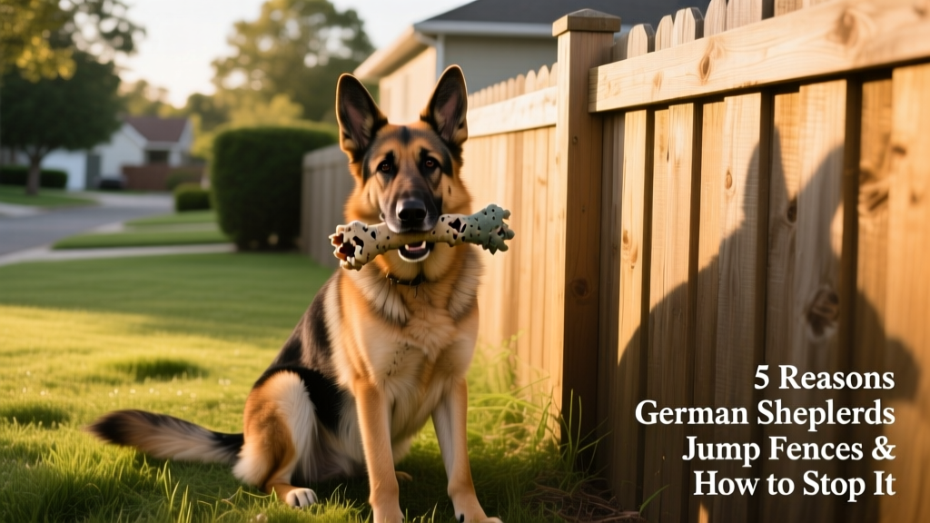 German Shepherd sitting calmly beside a well-maintained, slightly taller fence with a chew toy in mouth, tail relaxed and gaze peaceful
