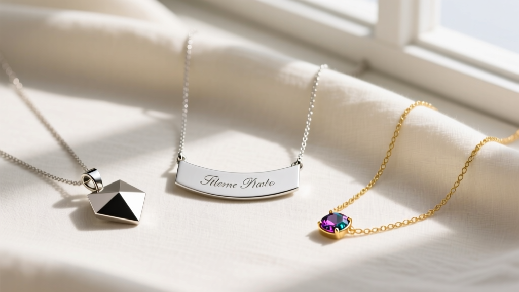 Flat lay of three modest necklaces: a sterling silver nameplate, a titanium geometric pendant, and a 14k gold birthstone chain