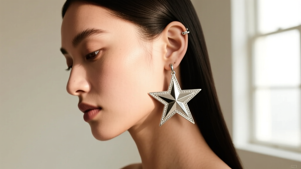 Side profile of a model wearing heavy silver star earrings, showing downward pull on a standard 20-gauge earlobe piercing