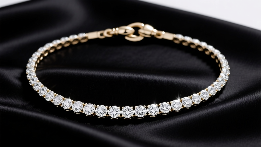 White gold tennis necklace with a secure lobster clasp resting on dark silk, highlighting round brilliant diamond pavé settings.