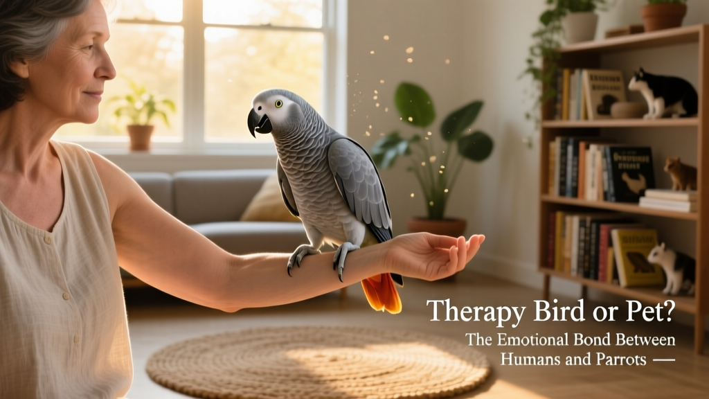 A calm African grey parrot perched gently on a person's forearm during a therapeutic interaction