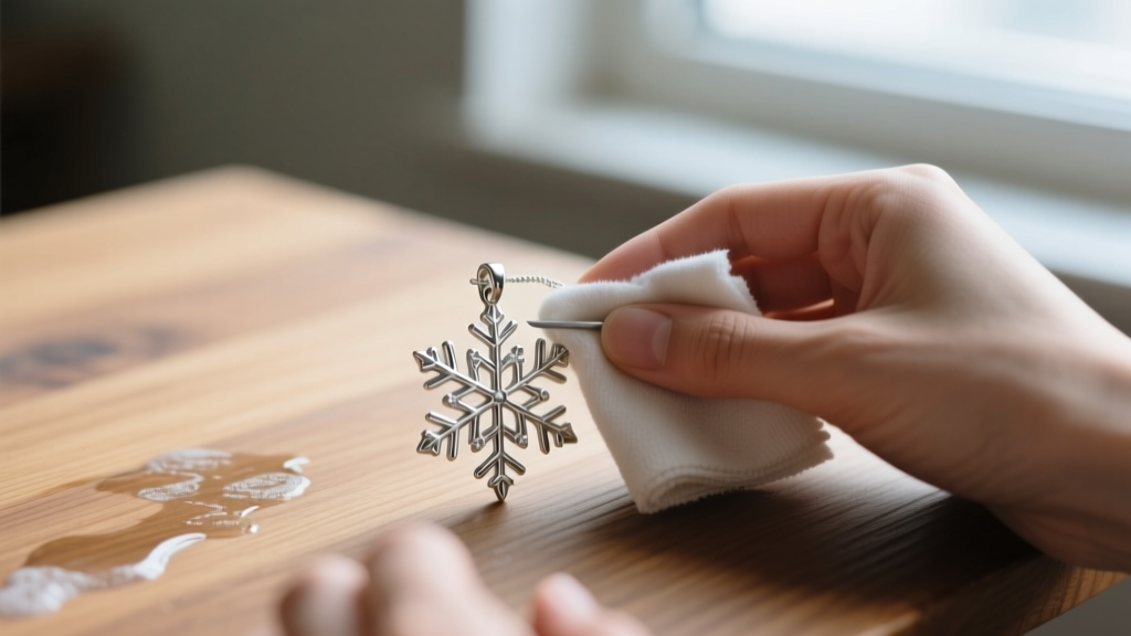 Hands gently polishing a tarnished sterling silver snowflake pendant with a microfiber cloth over a wooden table with mild soap.