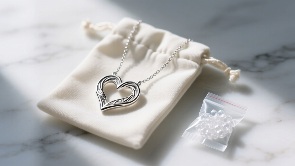 Sterling silver heart necklace coiled inside an anti-tarnish cloth pouch, resting on white marble next to a silica gel packet.