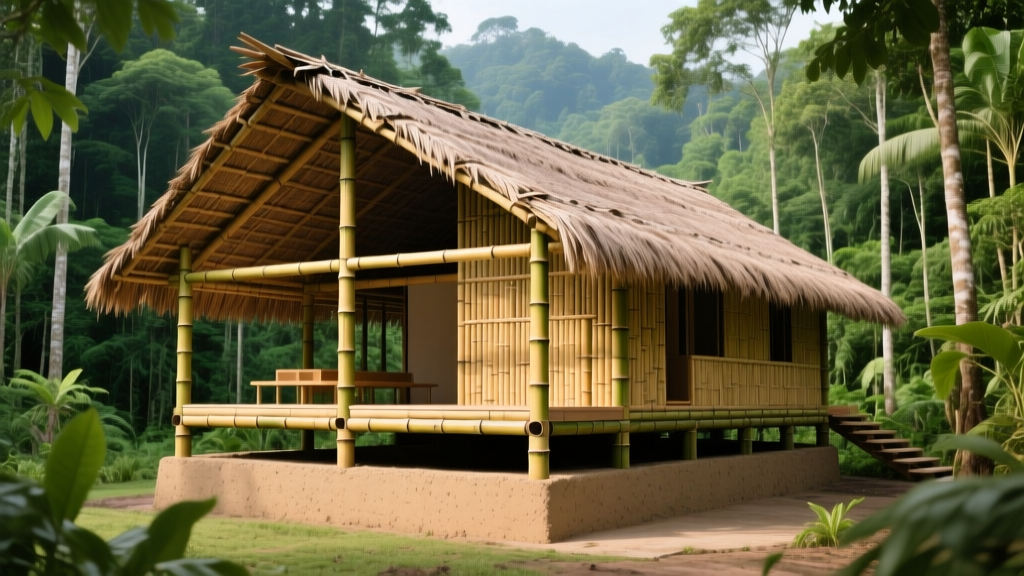 Architectural cross-section of a modern bamboo hut showing treated Guadua poles, rammed earth foundation, and thatched roofing integrated into a lush forest landscape