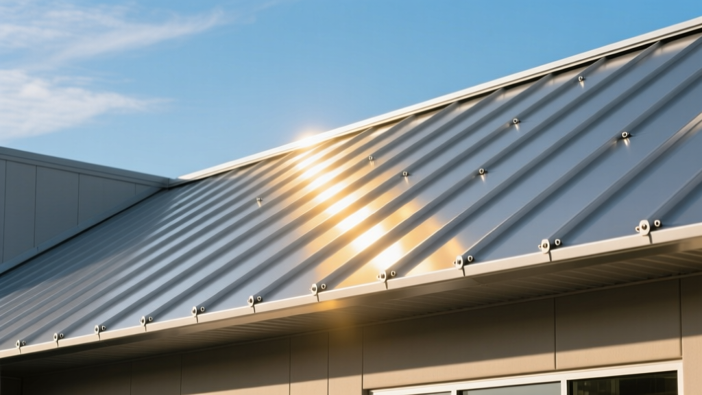 24-gauge Galvalume standing seam steel roof panels with concealed fasteners reflecting sunlight on a modern commercial building