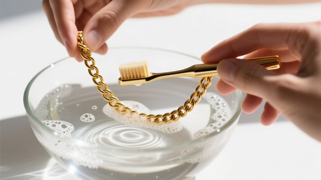 Hands brushing a soapy 14k gold rope chain with an extra-soft toothbrush over a glass bowl of distilled water and mild soap suds.
