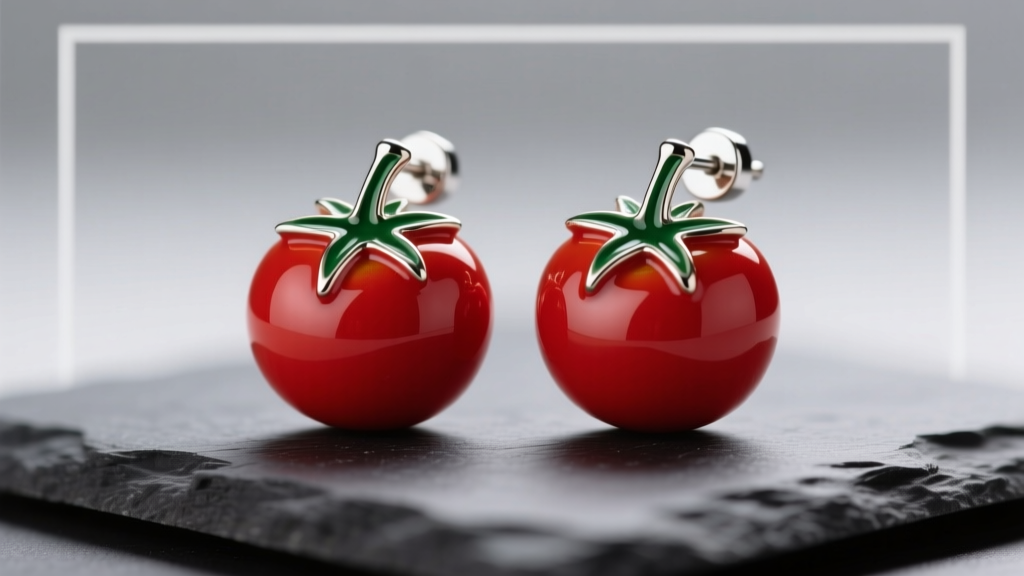 Macro shot of red enamel tomato earrings on dark slate, showing green leaf details and silver posts under soft studio lighting