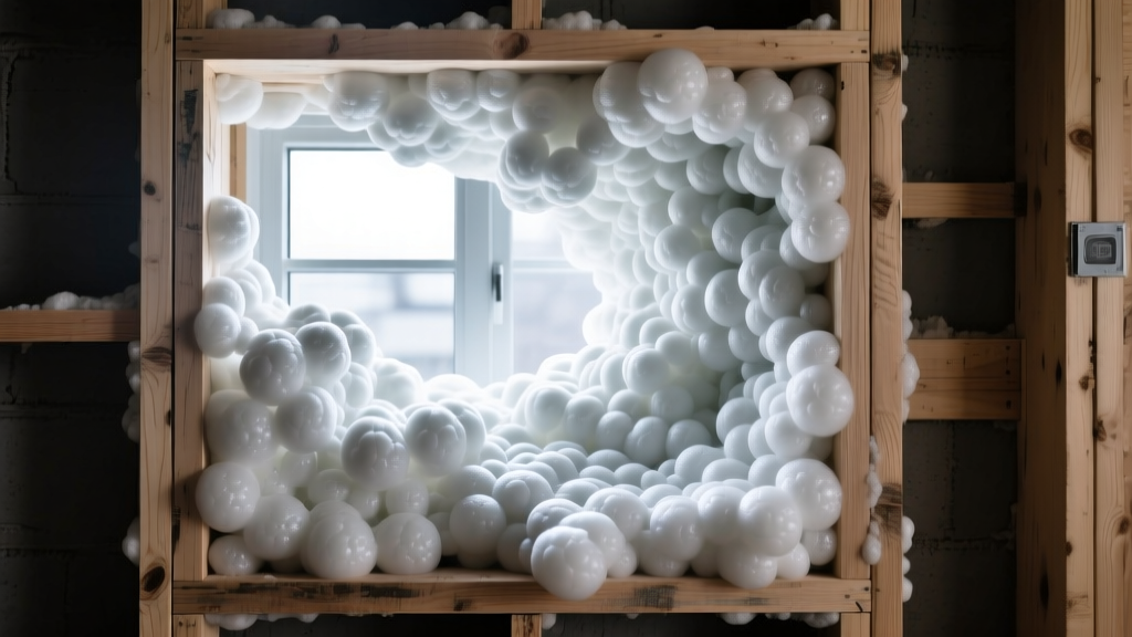 Close-up of expanding closed-cell spray foam insulation material filling a wood-framed wall cavity with a dense, rigid surface texture