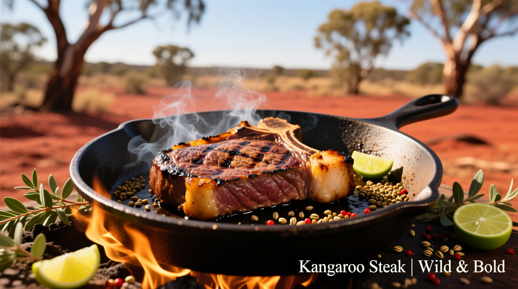 Kangaroo steak searing in cast iron skillet with native Australian spices