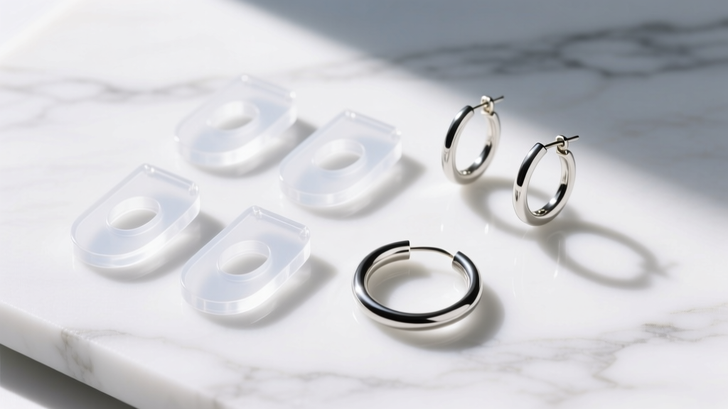 Flat lay of clear silicone earring support patches and lightweight hollow hoop earrings on white marble surface, bright daylight.