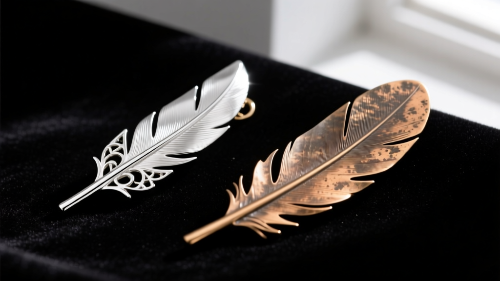 Polished sterling silver feather earring beside a textured brass version, showing differing light reflections on dark velvet