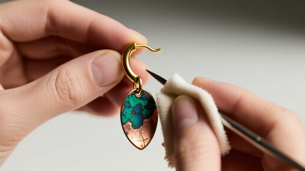 Hands using a microfiber cloth to polish the brass hook of a Thomas Mann earring while avoiding the oxidized copper body